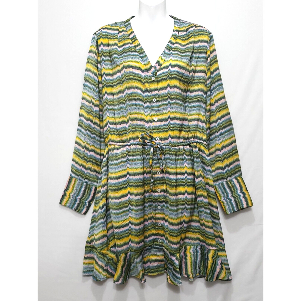 Jessica Simpson Short Blouson Button Dress Women M Drawstring Waist Green Yellow